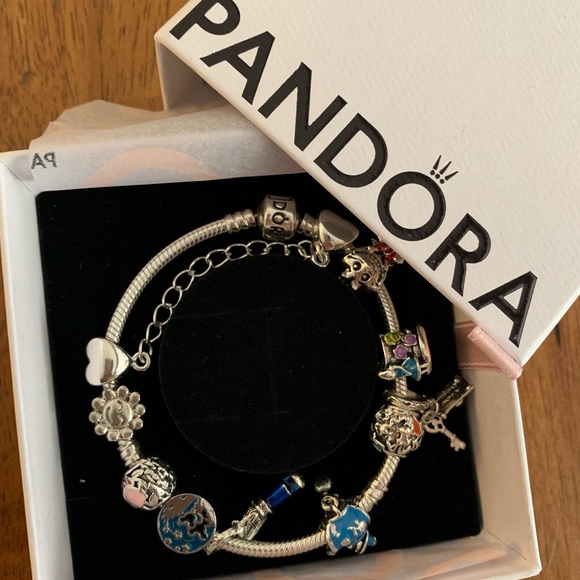 Pandora Moments Snake Chain Bracelet w/ Disney Alice in Wonderland Charms - Picture 1 of 12